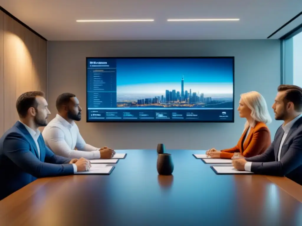 Equipo multidisciplinario planeando financiamiento creativo para terrenos Equipo diverso de arquitectos y expertos financieros discuten opciones de financiación creativa para terrenos sin desarrollar en una sala de conferencias moderna y elegante, con gráficos digitales proyectados en la pantalla de fondo