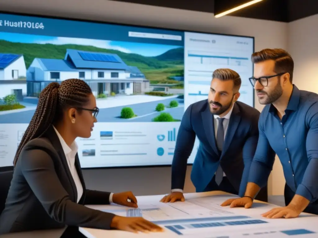 Equipo de profesionales diseñando viviendas asequibles Equipo diverso de arquitectos, ingenieros y desarrolladores colaborando en proyecto inmobiliario