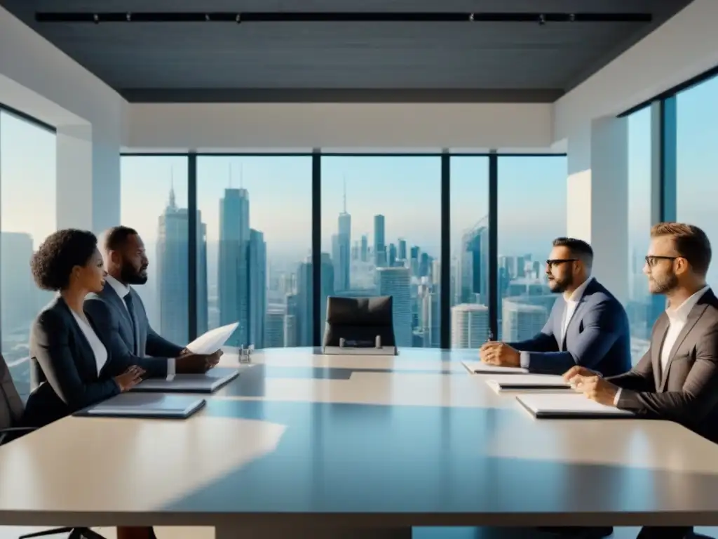 Reunión arquitectónica internacional en oficina moderna Un equipo diverso de arquitectos, obreros y desarrolladores inmobiliarios colaborando en una oficina moderna, con planos y dispositivos digitales sobre la mesa de conferencias
