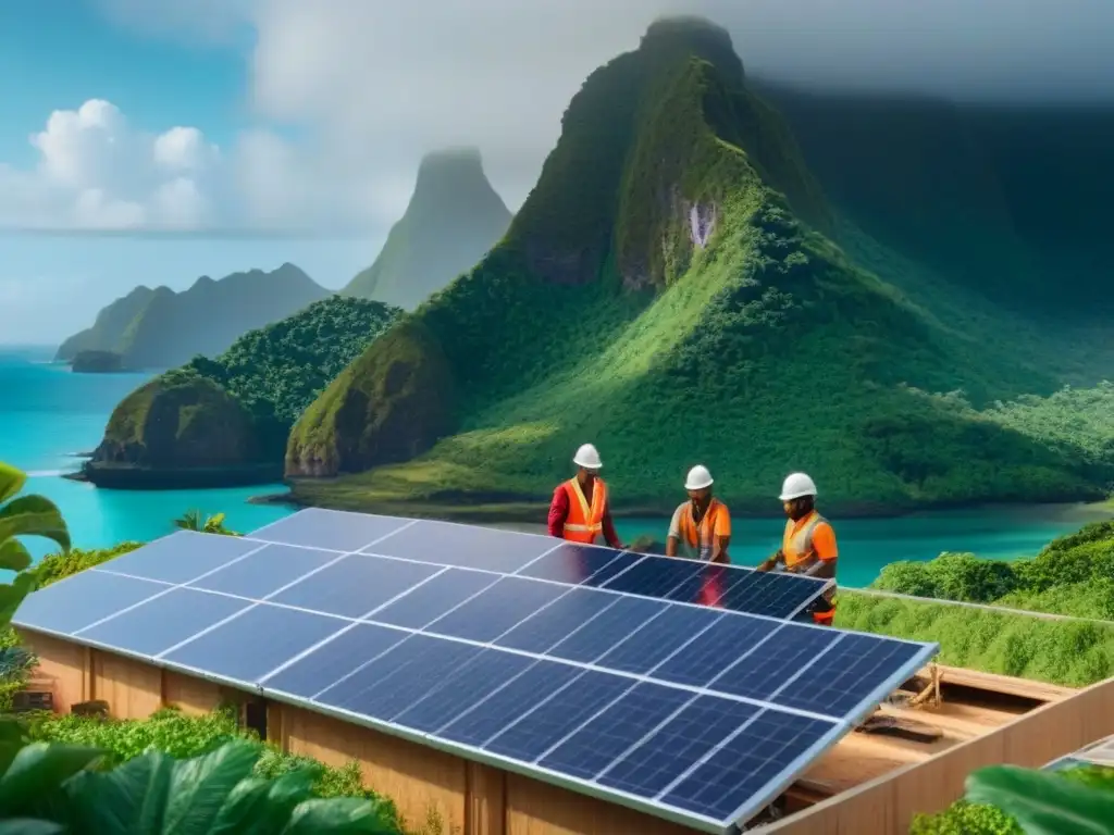 Arquitectos y obreros construyen hogares eco en isla paradisíaca Un equipo diverso de arquitectos y obreros construyendo una comunidad sostenible en una isla privada exuberante
