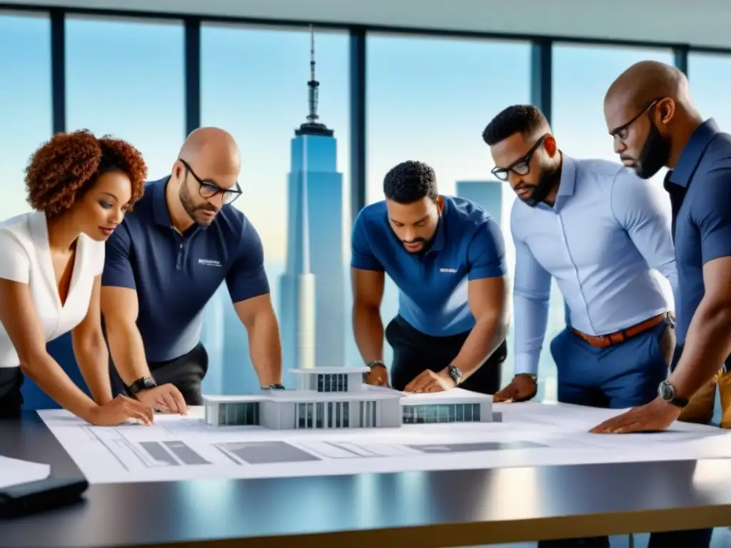 Equipo de arquitectos y obreros colaborando en proyecto de reconstrucción Un equipo diverso de arquitectos y trabajadores colaboran en un proyecto de reconstrucción inmobiliaria en una oficina moderna con vista a la ciudad
