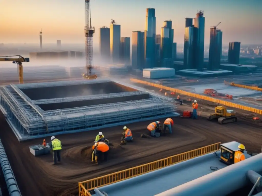 Equipo diverso en obra: innovación y cooperación internacional Equipo diverso en un bullicioso sitio de construcción en el extranjero, mostrando innovación y cooperación internacional