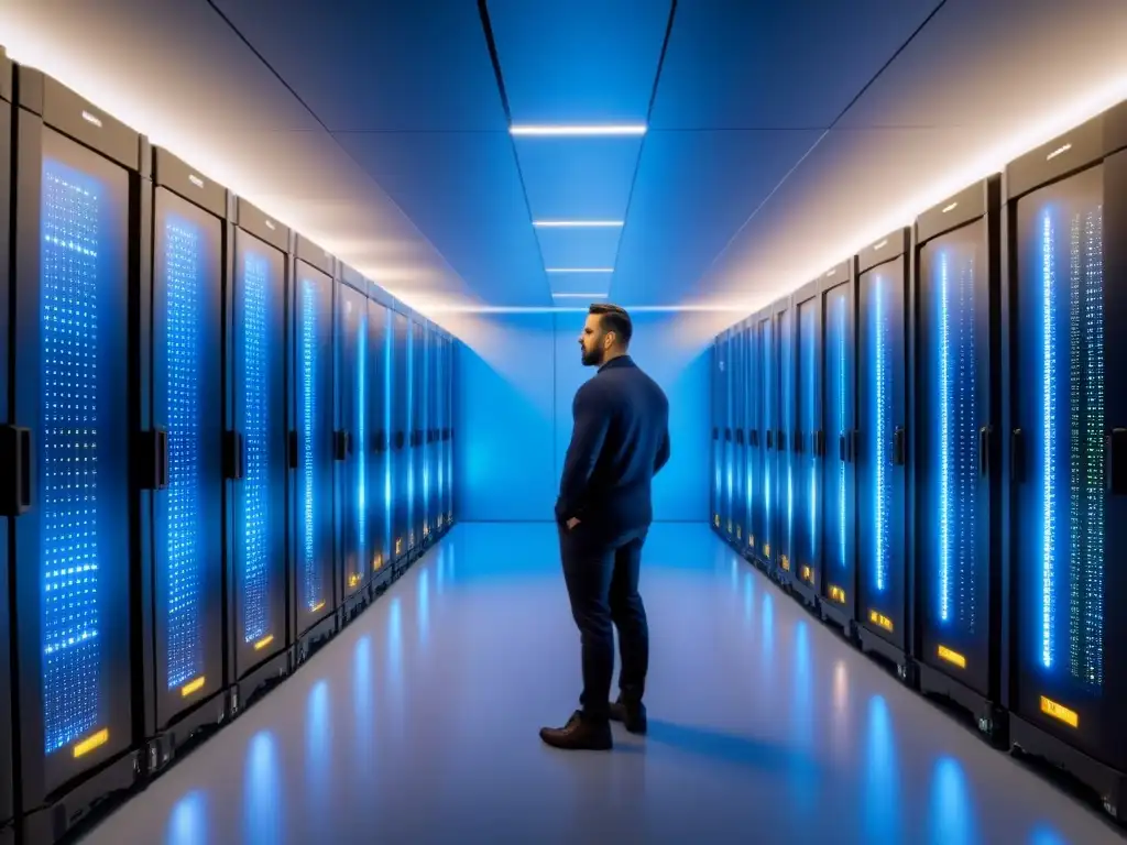 Centro de datos de vanguardia: eficiencia y tecnología de punta Equipo diverso en centro de datos moderno con servidores relucientes y cables ordenados, iluminados por una luz azul