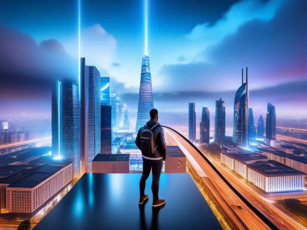 Ciudad cibernética futurista: seguridad global inmersiva Un equipo diverso colabora en innovación y ciberseguridad en un paisaje urbano digital futurista