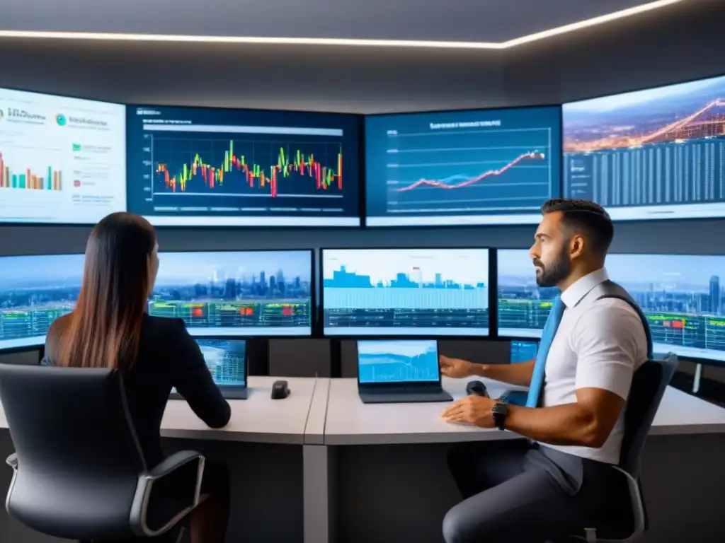 Equipo diverso analizando tendencias del mercado inmobiliario en oficina moderna Equipo diverso analizando comportamiento mercado inmobiliario internacional en moderna oficina con pantallas de alta tecnología