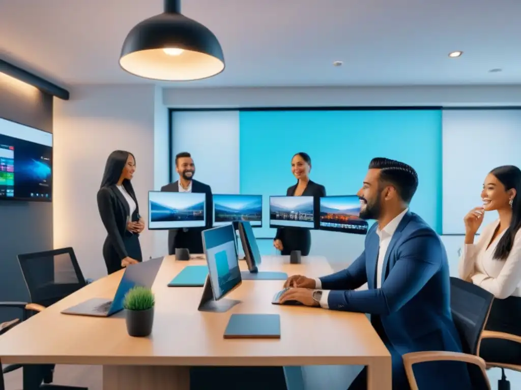 Equipo creativo de TikTok en agencia inmobiliaria Un equipo diverso crea contenido de TikTok en una oficina moderna