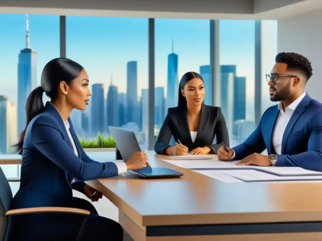 Equipo diverso en proceso de due diligence inmobiliario internacional Equipo diverso analiza documentos legales y financieros en oficina moderna