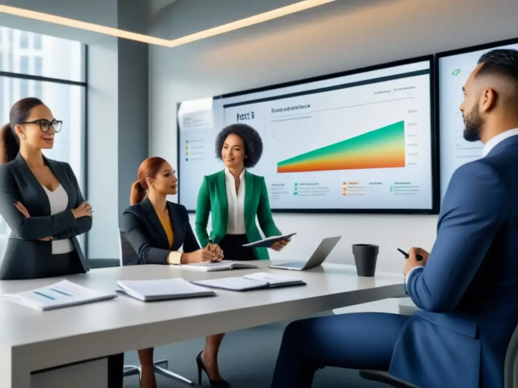 Inversión en REITs: Profesionales colaborando en oficina moderna Equipo diverso discutiendo estrategias ingresos pasivos REITs en oficina moderna y luminosa