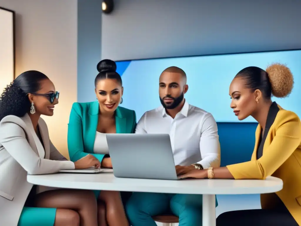 Estrategias innovadoras de marketing en reventa de tiempos compartidos Un equipo diverso discute estrategias de redes sociales para reventa de tiempo compartido en una oficina moderna
