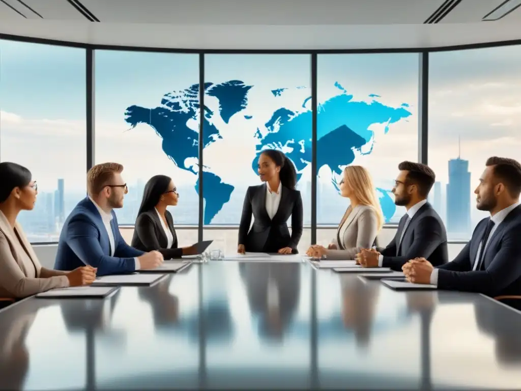 Reunión de profesionales en oficina moderna Un equipo diverso y experto discute frente a una pantalla con gráficos y un mapa mundial en una moderna oficina de alto nivel