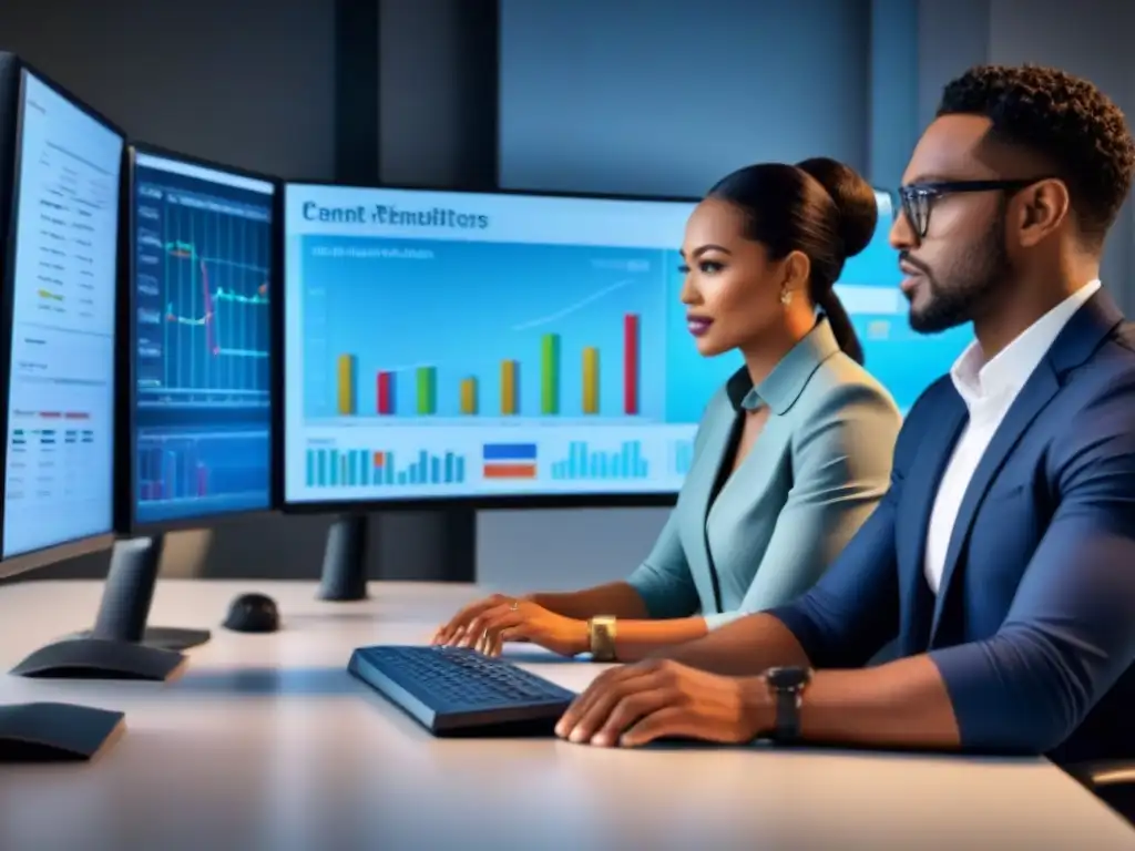 Equipo de expertos financieros analizando gráficos en oficina moderna Equipo diverso de expertos financieros analizando gráficos en una oficina moderna, transmitiendo expertise en inversiones