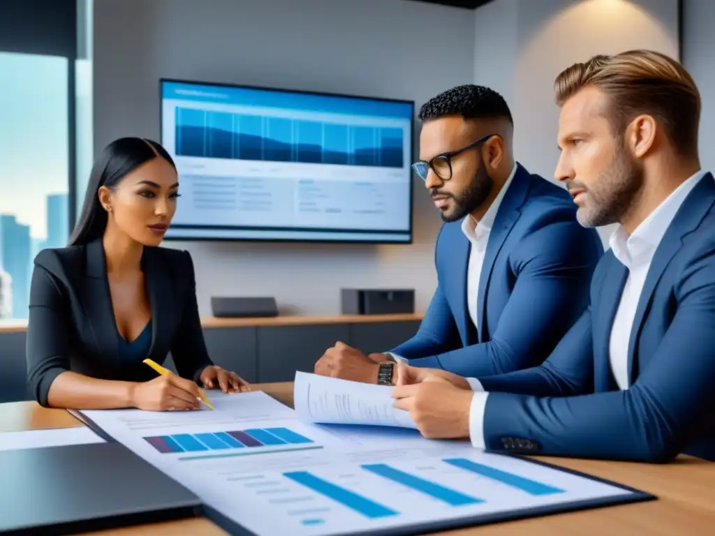 Equipo diverso en reunión de due diligence inmobiliario Un equipo diverso realiza due diligence en fusiones inmobiliarias en una oficina moderna y elegante