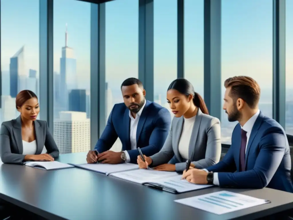 Equipo diverso en proceso de diligencia en oficina moderna Equipo diverso realizando due diligence inmobiliaria estratégica global en moderna oficina con vista a la ciudad