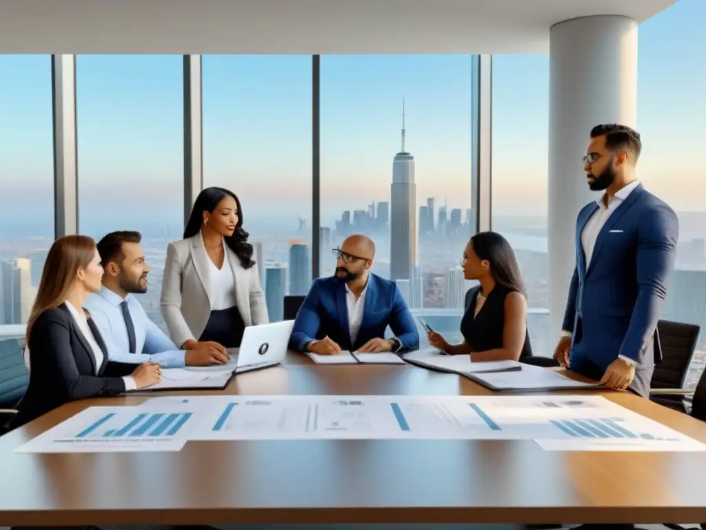 Equipo diverso de profesionales en reunión de due diligence inmobiliario Equipo diverso realiza Due Diligence inmobiliaria internacional en moderna oficina con vista panorámica