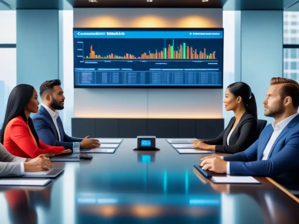 Inversores en sala de juntas futurista analizan mercado inmobiliario Un equipo diverso e innovador analiza datos de mercado en una sala futurista