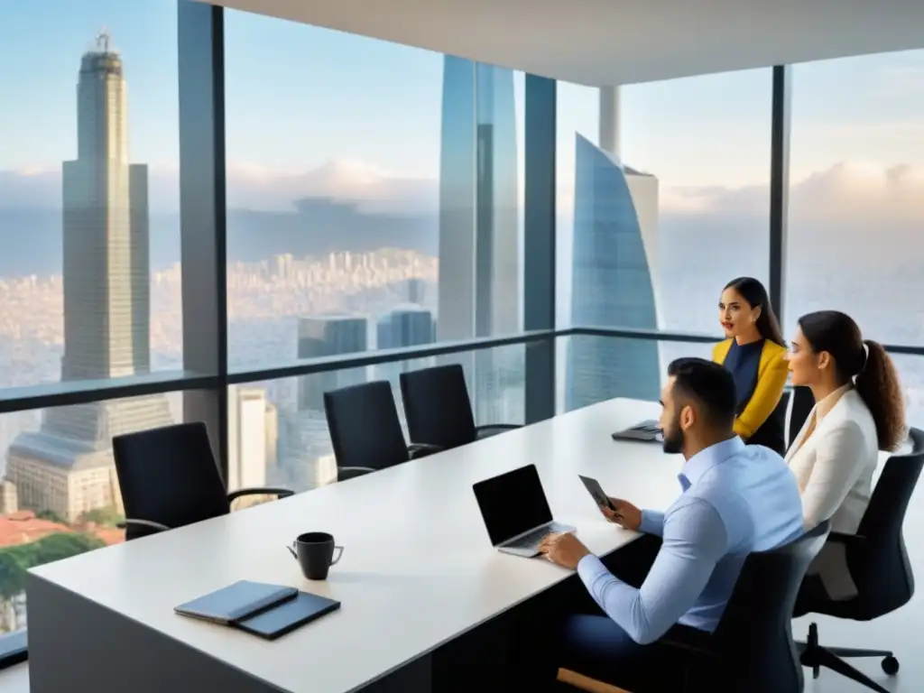 Equipo diverso en oficina moderna: inversión inmobiliaria en América Latina Equipo diverso planificando inversión inmobiliaria principiantes en ciudad latinoamericana