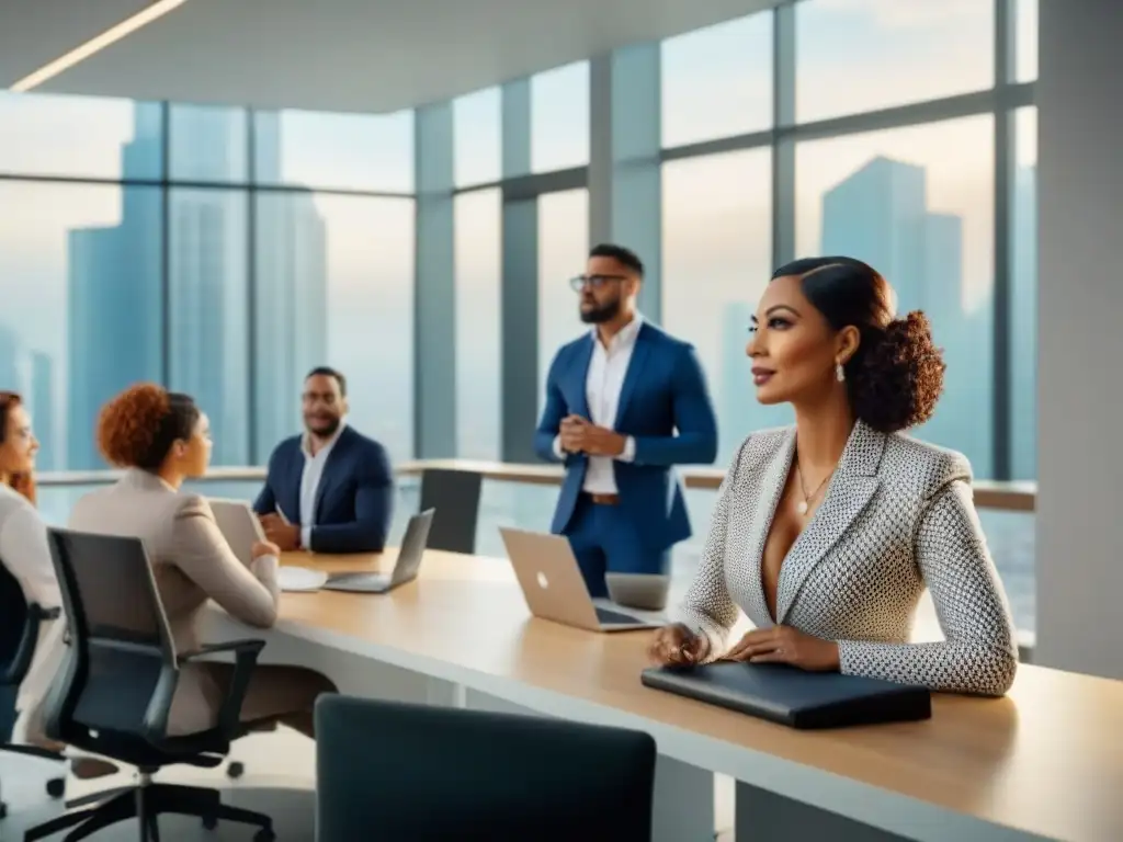 Profesionales globales debaten inversión inmobiliaria en moderna oficina Equipo diverso en moderna oficina discutiendo sobre consejos inversión mercado inmobiliario internacional
