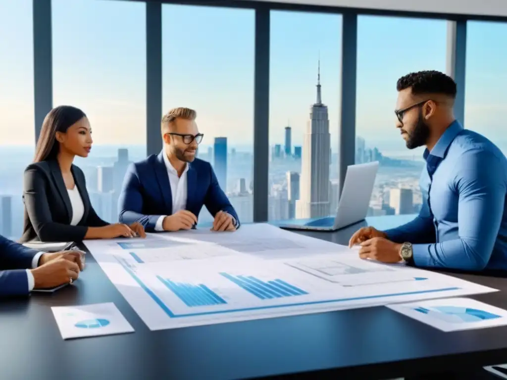 Equipo diverso en oficina moderna: due diligence inmobiliaria internacional Equipo diverso en moderna oficina realizando due diligence inmobiliaria internacional