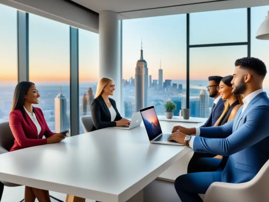 Oficina inmobiliaria moderna: equipo diverso en estrategia de marketing Equipo diverso en oficina inmobiliaria moderna, discuten estrategia de publicidad en redes sociales