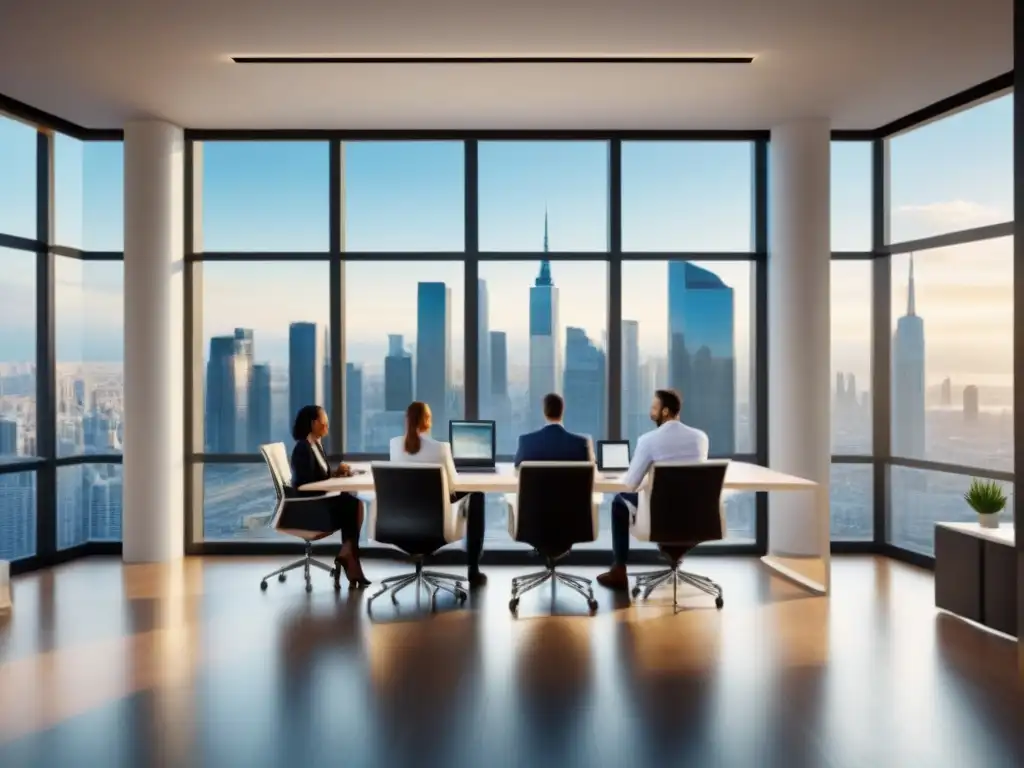 Profesionales diversificados planean estrategias inmobiliarias Equipo diverso en oficina moderna, discutiendo salida estratégica inversores mercado inmobiliario