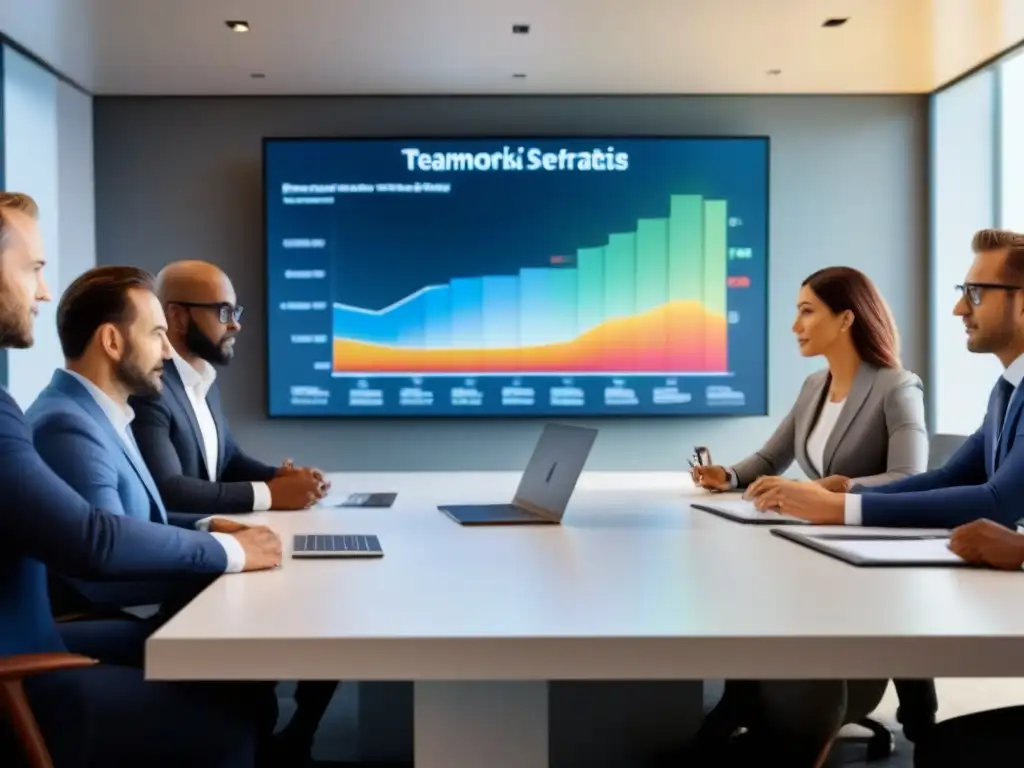 Equipo diverso en oficina moderna: sinergias post-merger Equipo diverso en oficina moderna discutiendo sinergias postfusión mercado inmobiliario