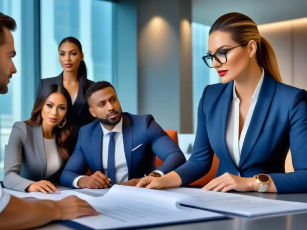 Equipo profesional en reunión de due diligence inmobiliario internac Un equipo diverso en una oficina moderna discute sobre due diligence en mercado internacional