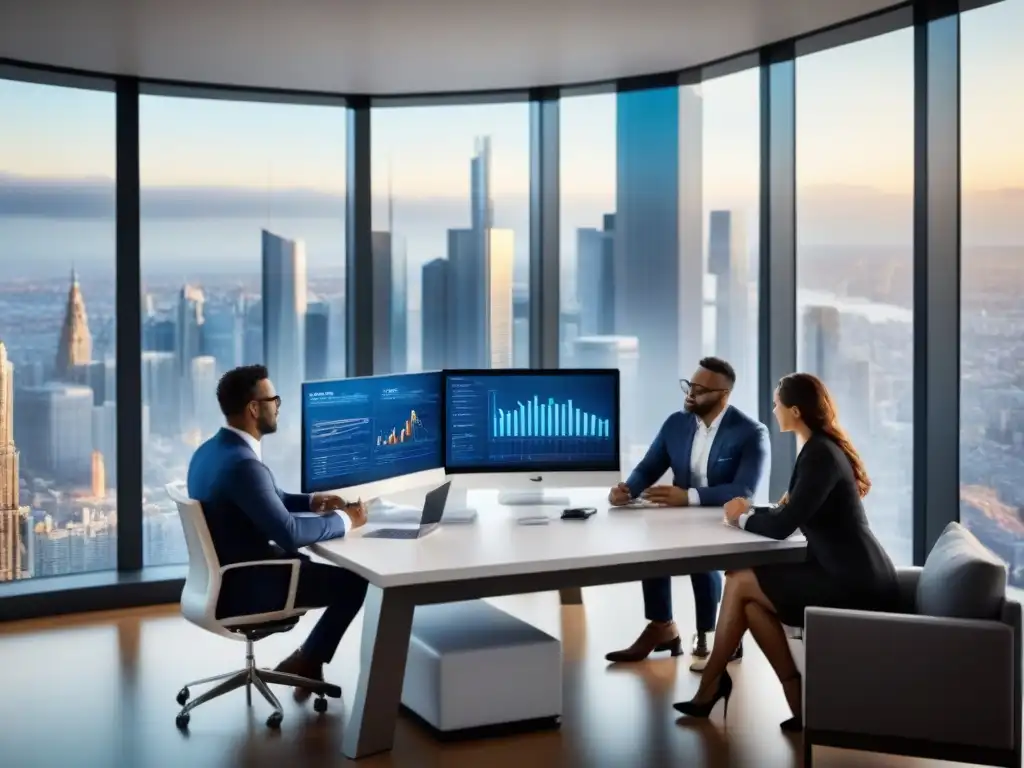 Equipo diverso en reunión estratégica en oficina moderna con vista panorámica Equipo diverso en oficina moderna, estratégica due diligence inmobiliaria global