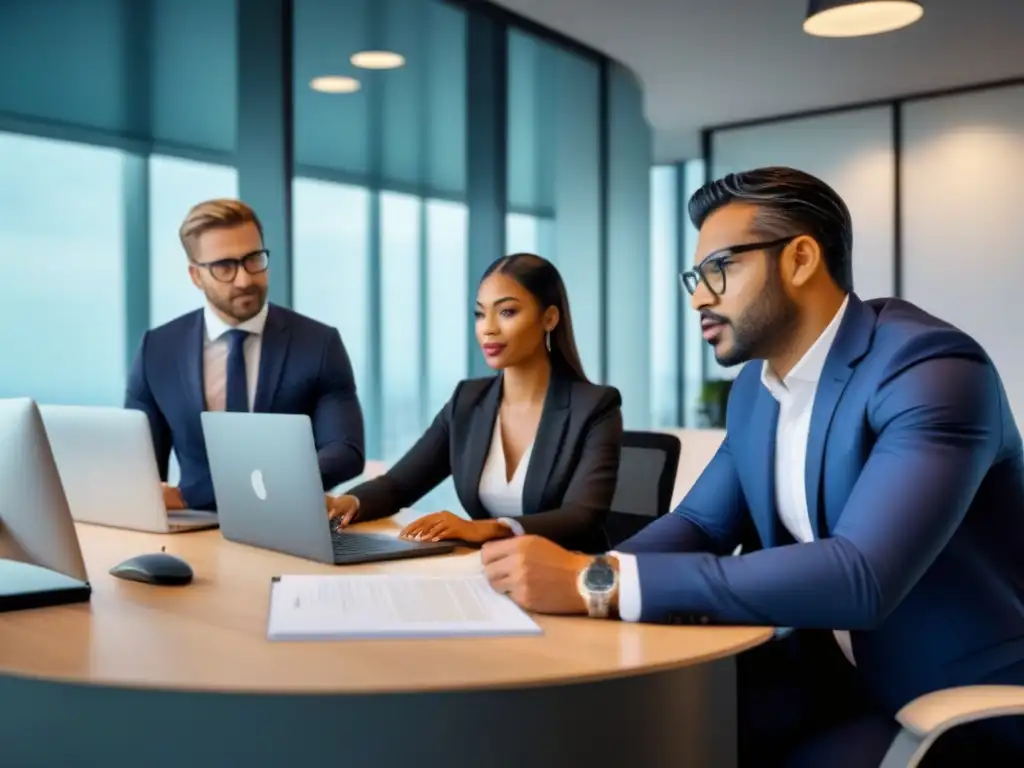 Equipo diverso en oficina moderna: Análisis meticuloso de M&A Equipo diverso en oficina moderna realizando due diligence efectiva M&A inmobiliario