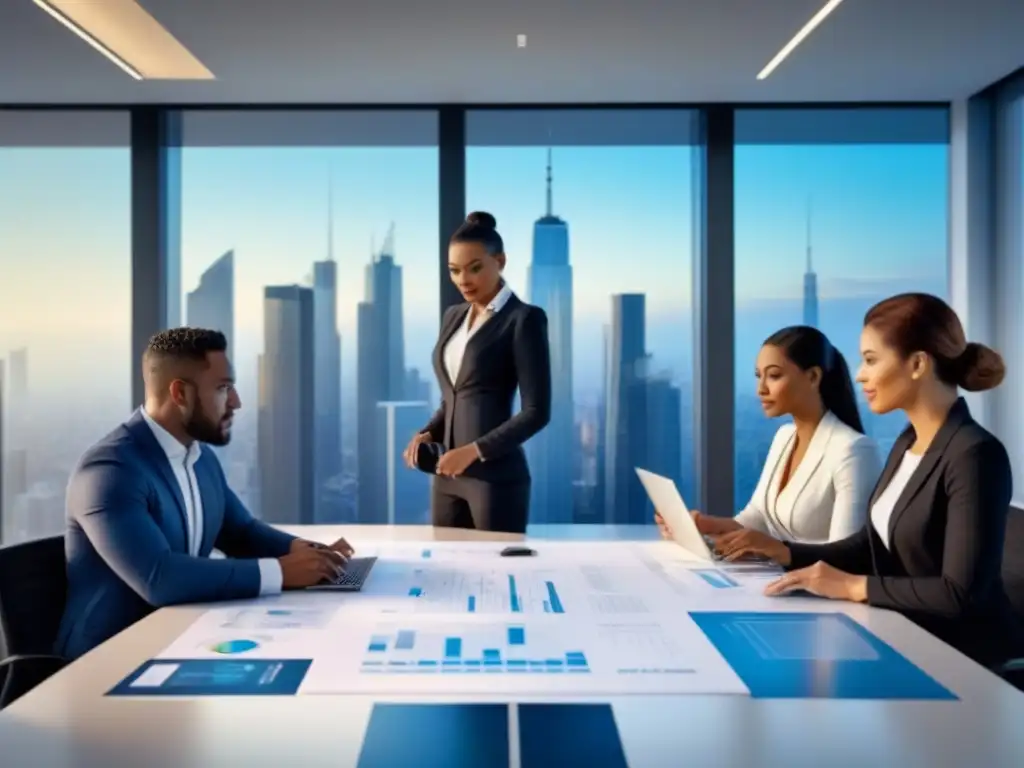 Equipo diverso en oficina moderna: planificación estratégica y colaboración Un equipo diverso en una oficina moderna discutiendo sobre planificación estratégica e inversión inmobiliaria postfusión