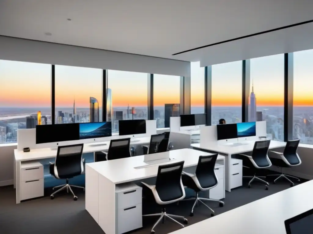 Oficina moderna con equipo diverso y tecnológico Equipo diverso en oficina moderna con vista a la ciudad, mostrando datos de mercado