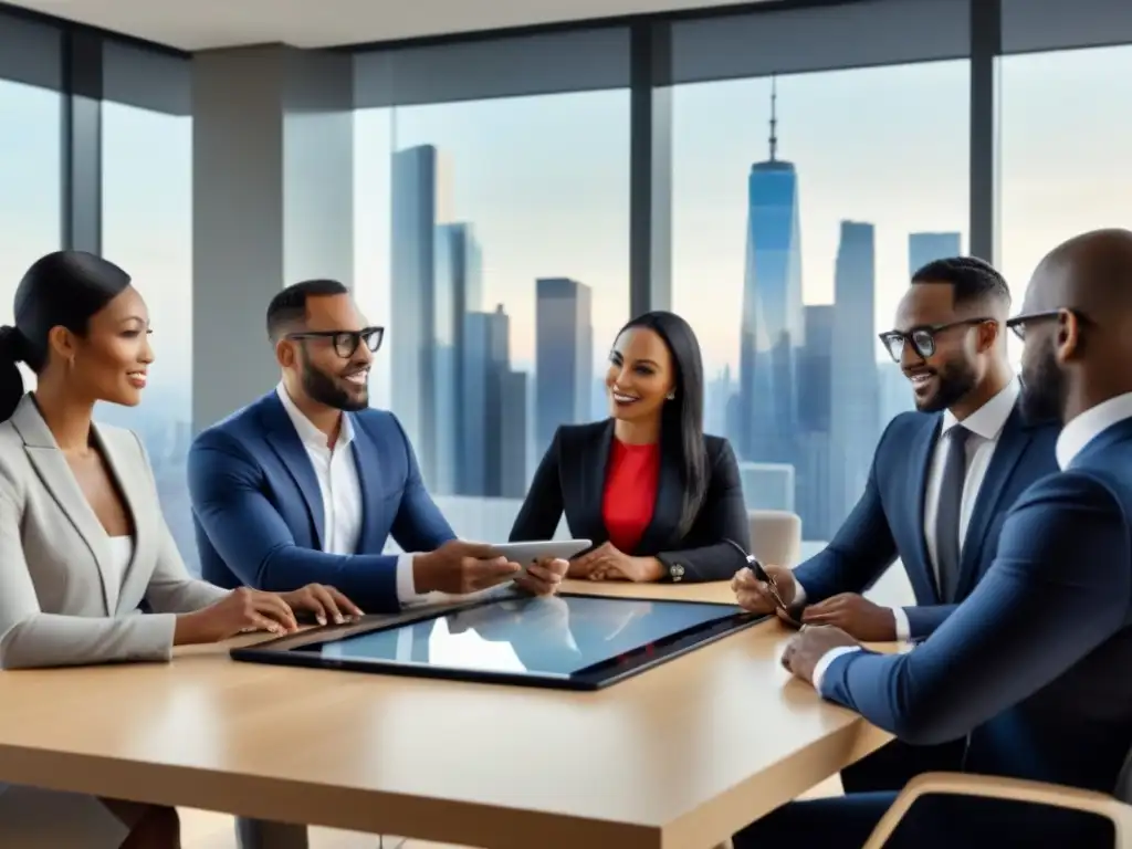 Equipo diverso planificando inversión inmobiliaria internacional Equipo diverso en oficina moderna discutiendo oportunidades únicas Crowdfunding inmobiliario internacional