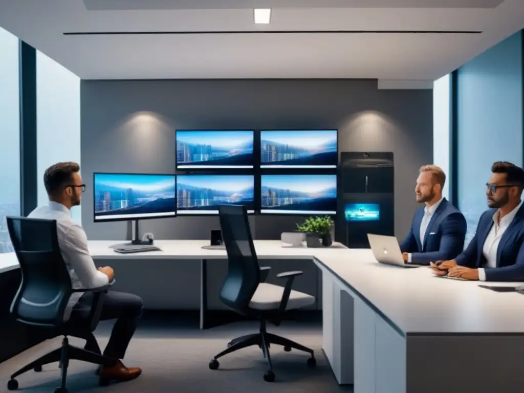 Profesionales colaborando en oficina moderna con software de gestión inmobiliaria global Equipo diverso colaborando en oficina moderna con tecnología y software de gestión inmobiliaria internacional