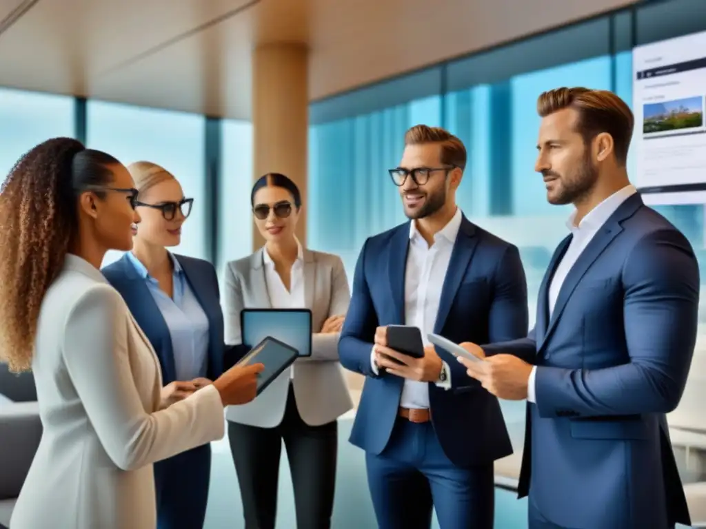 Profesionales diversificados analizan inversiones inmobiliarias en entorno innovador Equipo diverso en oficina moderna, discutiendo oportunidades de Crowdfunding inmobiliario internacional tecnología