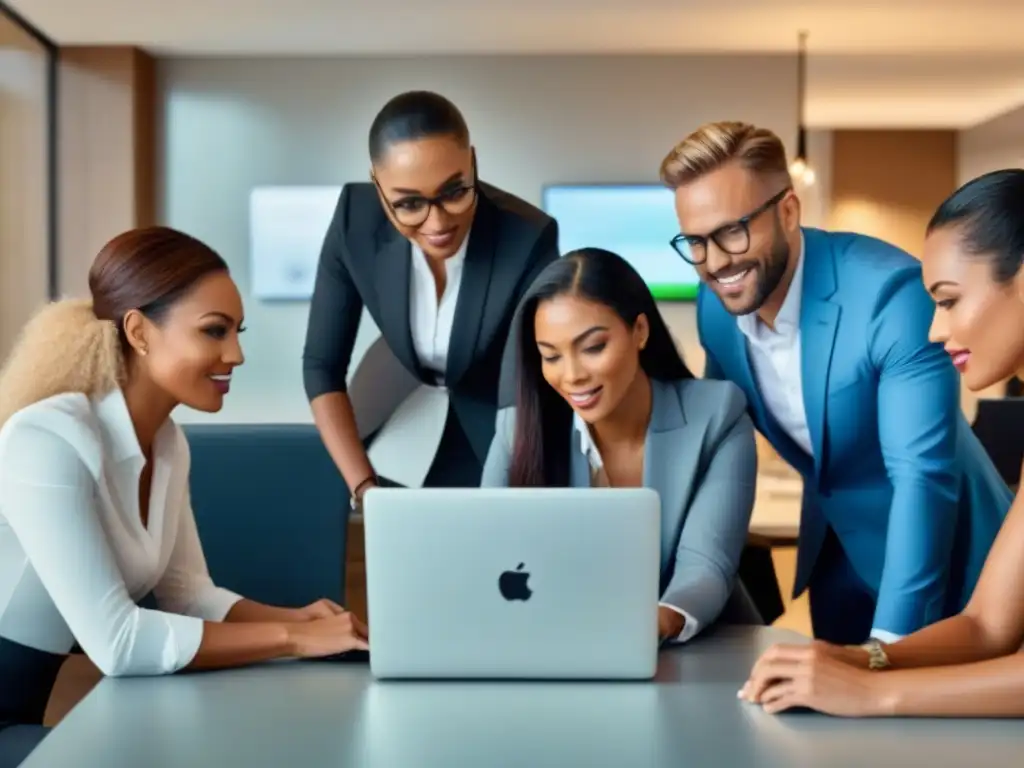 Equipo diverso creando campaña de marketing para resort de lujo Un equipo diverso en una oficina moderna, colaborando en un marketing efectivo para tiempo compartido