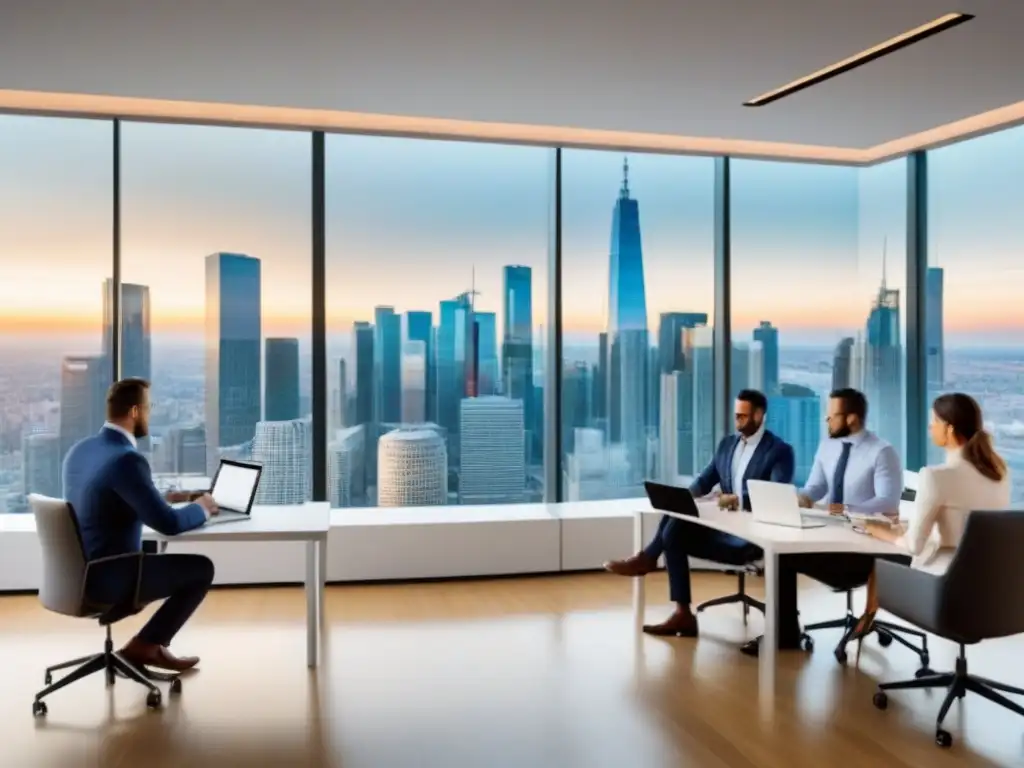 Equipo diverso en oficina moderna con vista panorámica de la ciudad