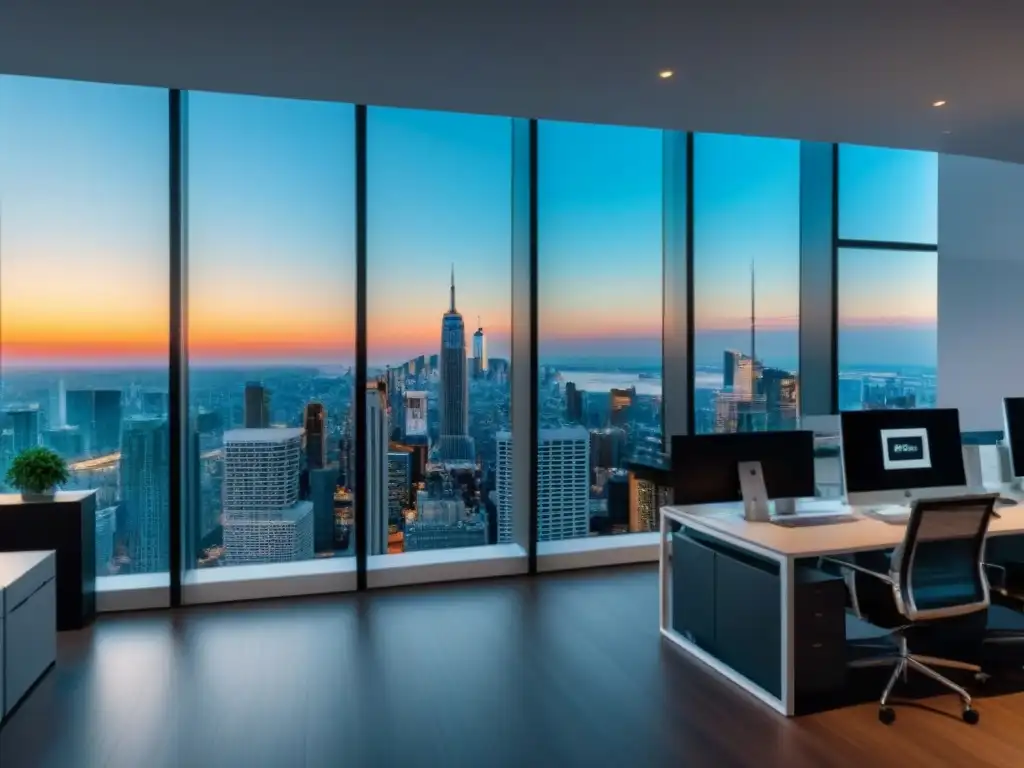Oficina inmobiliaria moderna de alto nivel con vista a la ciudad en 8k Equipo diverso en una oficina moderna con vista a la ciudad, planeando estrategias de marketing internacional