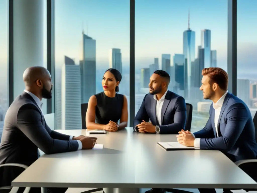 Equipo diverso y profesional resolviendo litigios inmobiliarios Equipo diverso en una oficina sofisticada debatiendo estrategias para litigios bienes raíces mercados emergentes