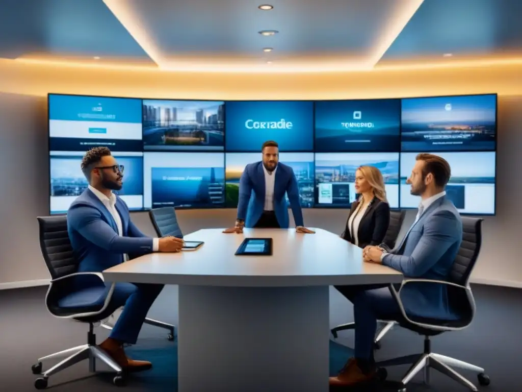 Profesionales colaborando en oficina moderna con tecnología de vanguardia Equipo diverso mejora reputación online inmobiliaria en moderna oficina con tecnología digital