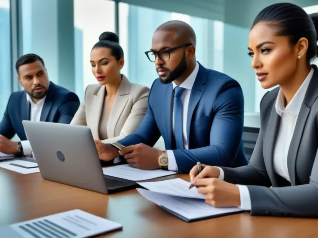 Equipo diverso en due diligence inmobiliaria Un equipo diverso y profesional se enfoca en detallada due diligence inmobiliaria, revelando oportunidades ocultas