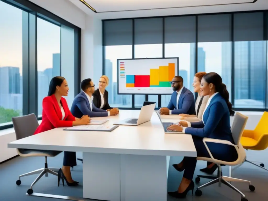 Equipo diverso en reunión estratégica de inversión inmobiliaria Un equipo diverso y profesional discute estrategias de inversión inmobiliaria en una oficina moderna