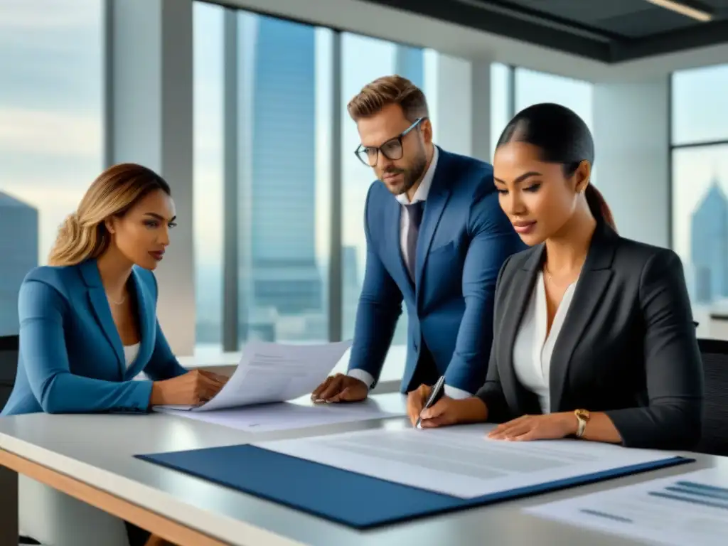 Equipo diverso en oficina moderna analizando diligencia inmobiliaria Un equipo diverso y profesional realiza un minucioso due diligence inmobiliario en una oficina moderna