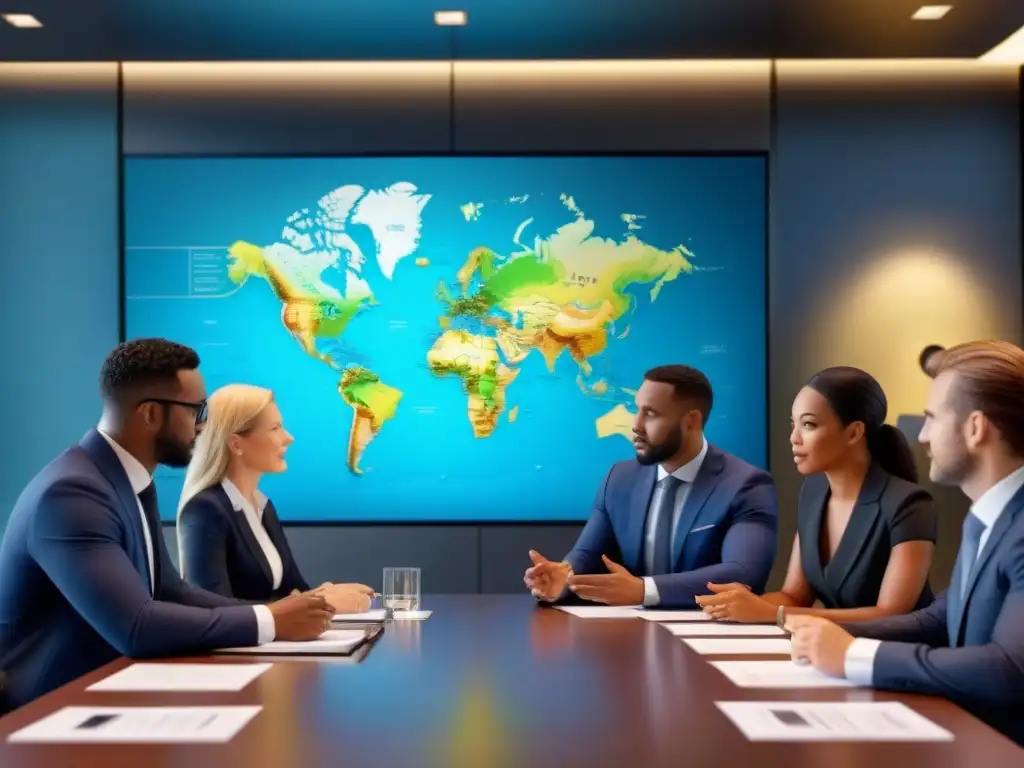 Equipo diverso y profesional en sala de juntas moderna, colaborando en estrategias legales para protección legal derechos propiedad internacional