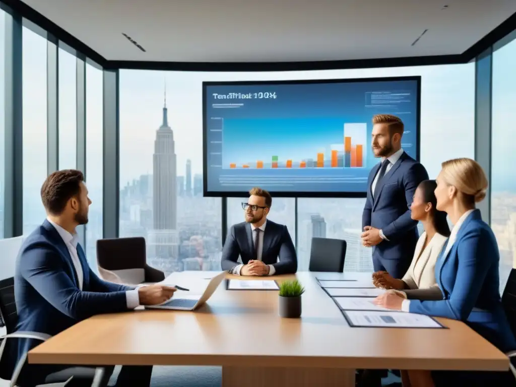 Equipo profesional en oficina moderna con vista a mercado inmobiliario emergente Equipo diverso de profesionales en consultoría evaluación riesgos mercado inmobiliario, reunidos en moderna oficina