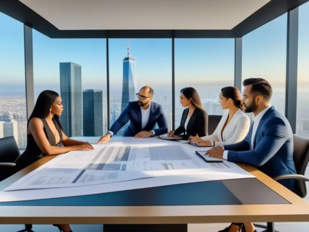 Equipo de expertos analizando due diligence inmobiliario internacion Equipo diverso de profesionales realizando una Due Diligence inmobiliaria internacional completa en una oficina moderna con vista a la ciudad