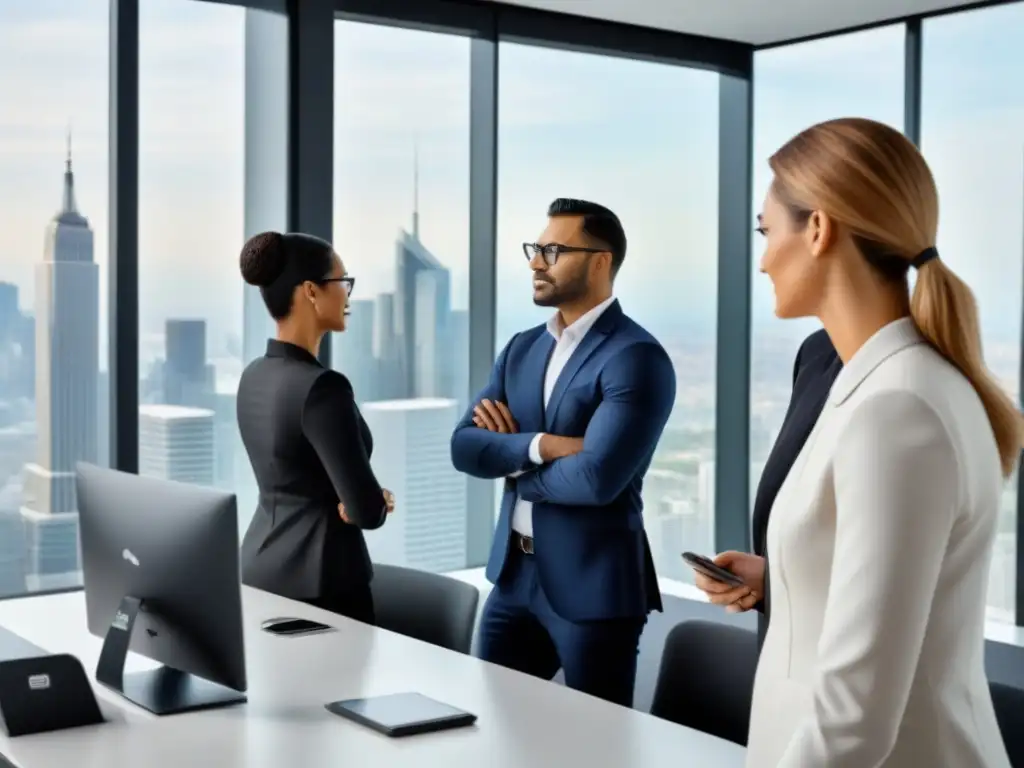 Equipo diverso en due diligence inmobiliario en oficina moderna Un equipo diverso de profesionales se concentra en estrategias de due diligence inmobiliaria en una oficina moderna