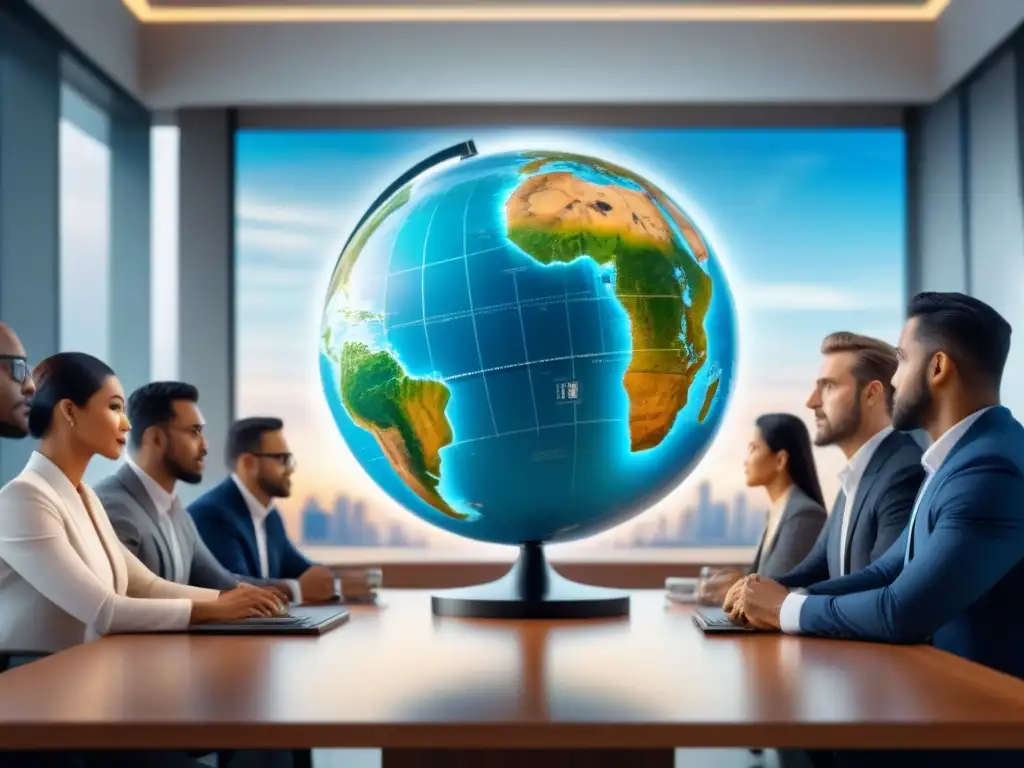 Profesionales globales innovando en M&A emergente Un equipo diverso de profesionales colaborando alrededor de un globo holográfico futurista, representando la innovación en M&A de mercados emergentes