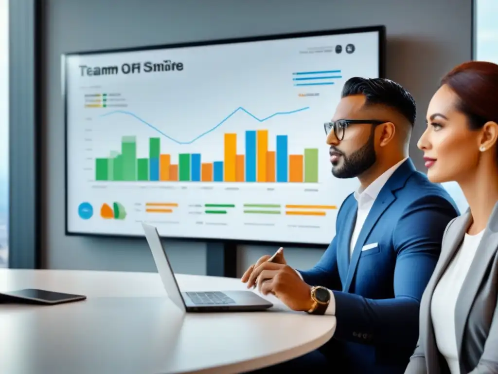 Equipo diverso analizando estrategias inmobiliarias en pantalla digital Equipo diverso de profesionales inmobiliarios analizando estrategias ROI en una moderna oficina