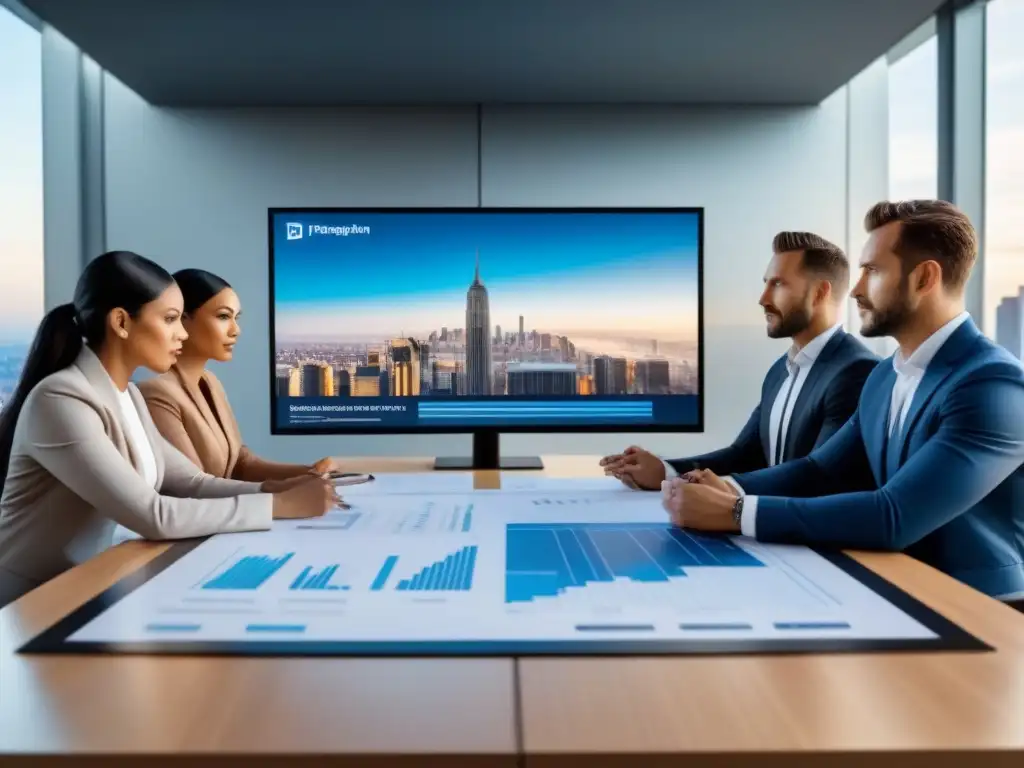 Equipo diverso de expertos inmobiliarios en reunión estratégica Equipo diverso de profesionales inmobiliarios en reunión estratégica, analizando datos y planificando, con vista a la ciudad