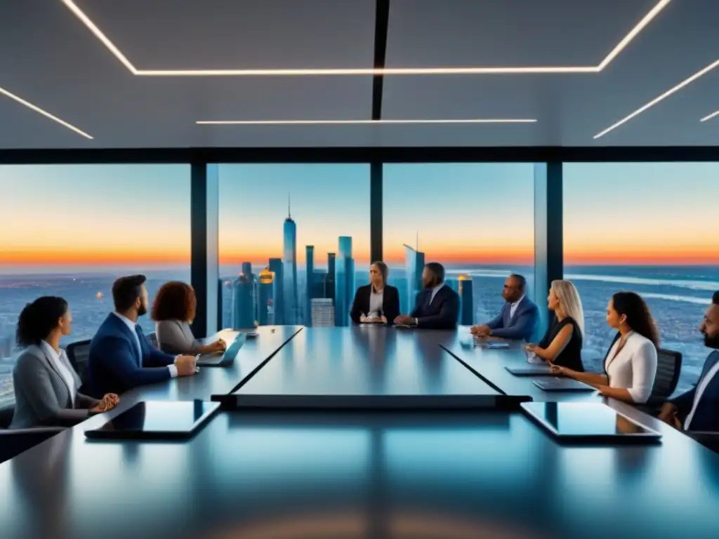 Equipo diverso de profesionales inmobiliarios en reunión futurista Equipo diverso de profesionales inmobiliarios en reunión con tecnología de punta y vista panorámica de la ciudad al atardecer