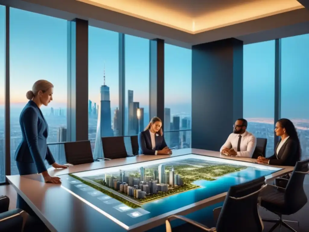 Equipo diverso de profesionales inmobiliarios analizando planos en moderna sala de reuniones con vista a la ciudad Equipo diverso de profesionales inmobiliarios en reunión de Due Diligence inmobiliaria internacional en moderna sala de juntas con vista a la ciudad